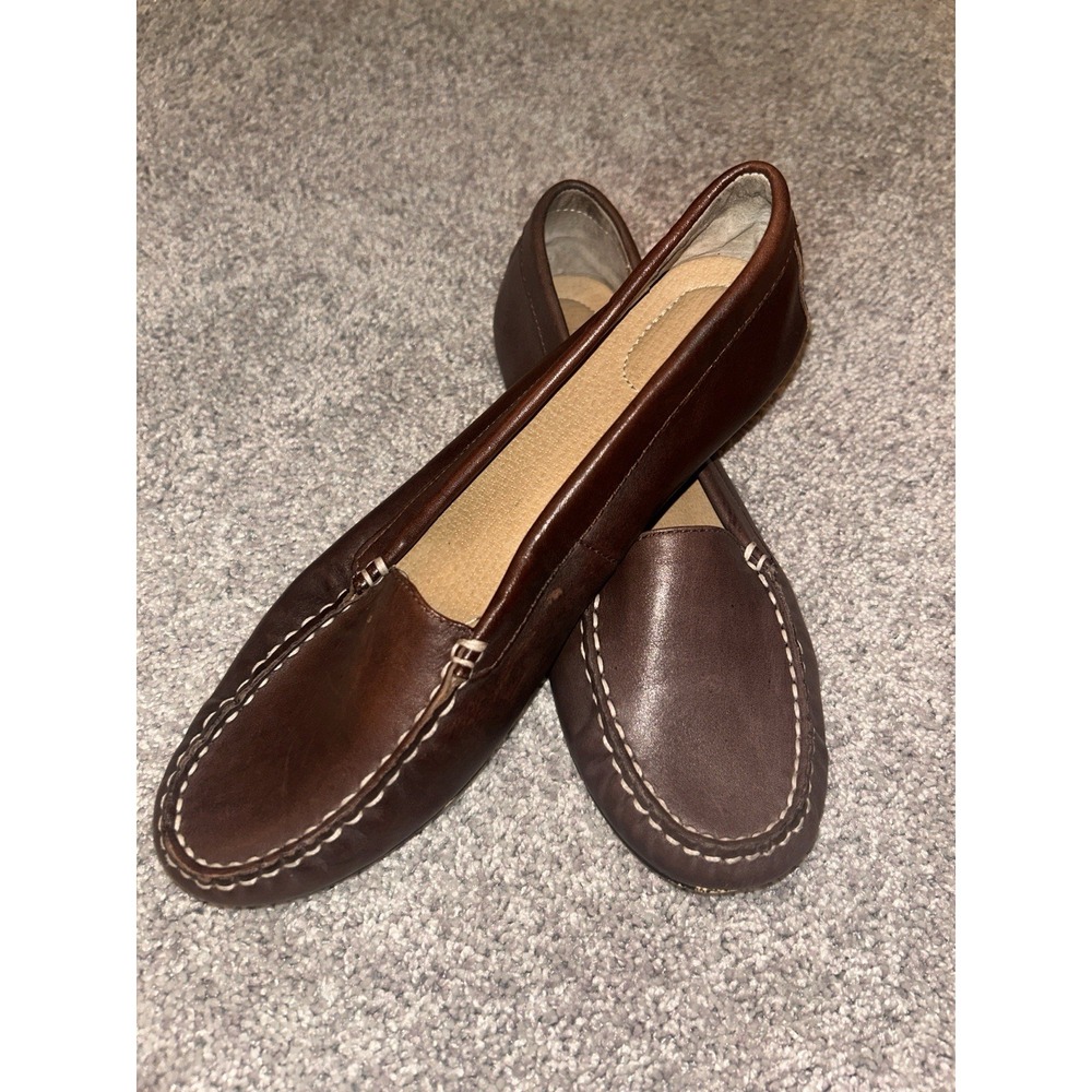 Lands End Leather Loafers Women's 9B Casual Slip On Brown Shoes Moccasin Style
